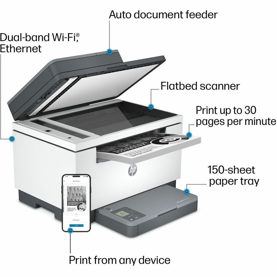 HP LaserJet M234sdw Laser Multifunction Printer-Monochrome-Copier/Scanner-30 ppm Mono Print-600x600 dpi Print-Automatic Duplex Print-20000 Pages-150 sheets Input-Color Flatbed Scanner-600 dpi Optical