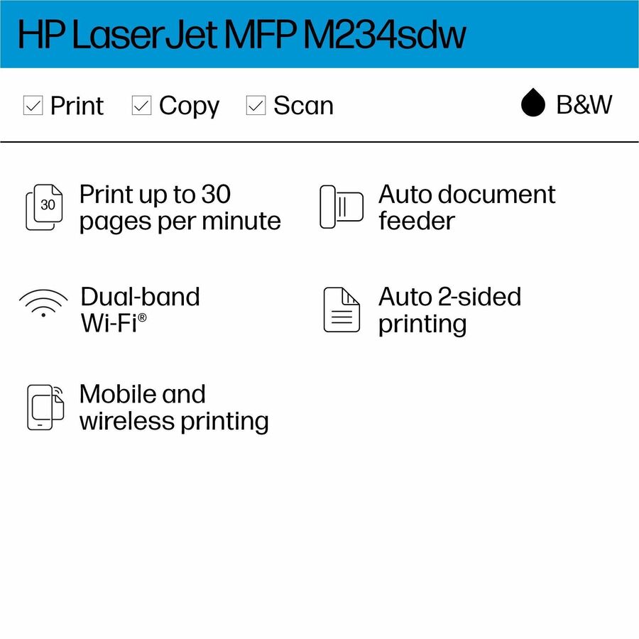 HP LaserJet M234sdw Laser Multifunction Printer-Monochrome-Copier/Scanner-30 ppm Mono Print-600x600 dpi Print-Automatic Duplex Print-20000 Pages-150 sheets Input-Color Flatbed Scanner-600 dpi Optical