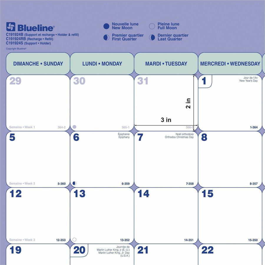 Blueline Monthly Desk Pad Calendar Refill — 23½" x 18¼", Bilingual