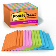Blocs-notes Post-it® Super Sticky | 101,6 x 152,4 mm | Couleurs Énergisantes | Lignés | 45 feuilles/bloc | 24 blocs/paquet