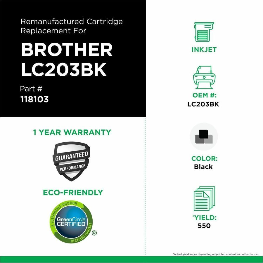 CIG Remanufactured High Yield Inkjet Ink Cartridge Brother LC2032PKS, LC203XL, LC203BK - Black - 1 Each