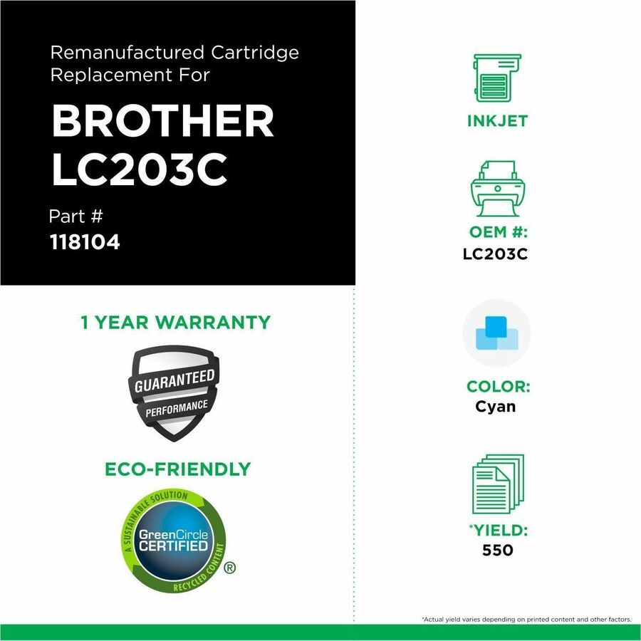 CIG Remanufactured High Yield Inkjet Ink Cartridge Brother LC2032PKS, LC203XL, LC203C - Cyan - 1 Each