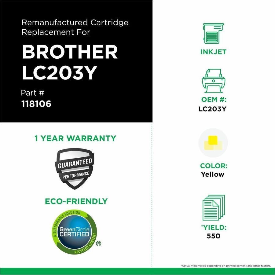 CIG Remanufactured High Yield Inkjet Ink Cartridge Brother LC2032PKS, LC203XL, LC203C - Yellow - 1 Each