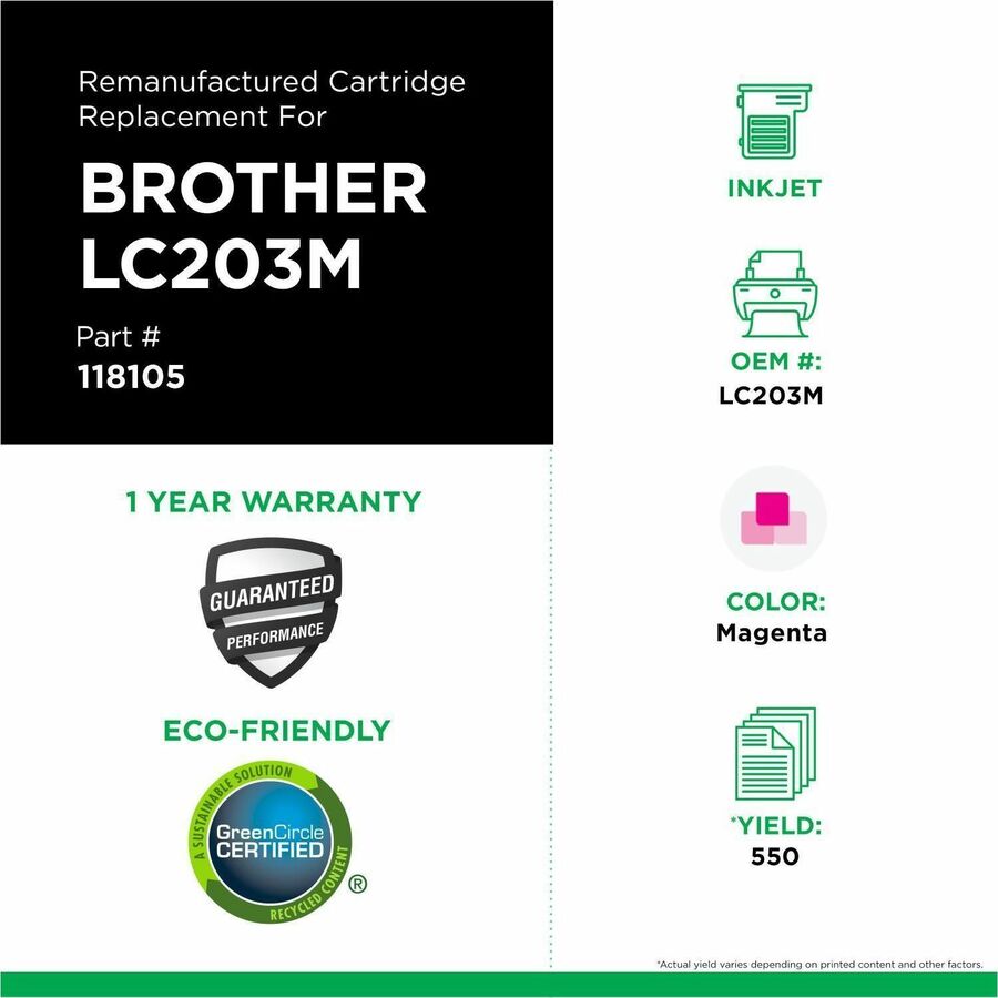 CIG Remanufactured High Yield Inkjet Ink Cartridge Brother LC2032PKS, LC203XL, LC203C - Magenta - 1 Each