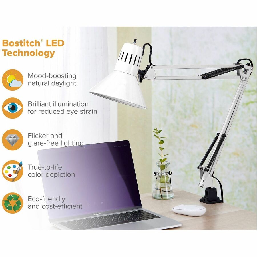 Bostitch Swing Arm Desk Lamp with Clamp, White