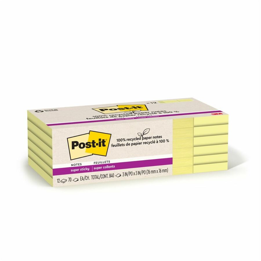 Post-it® Recycled Super Sticky Notes, 12 Pads, 3”×3” (654R12SSCY)