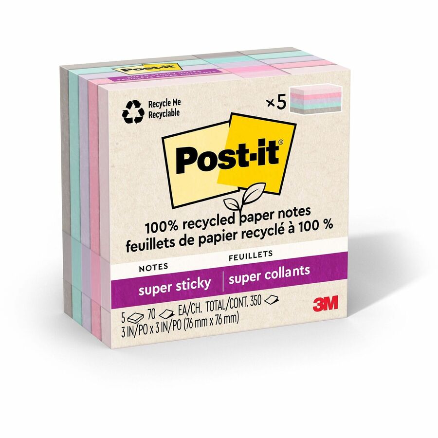 Post-it® Recycled Super Sticky Notes, 5 Pads, 3”×3” (654R5SSNRP)