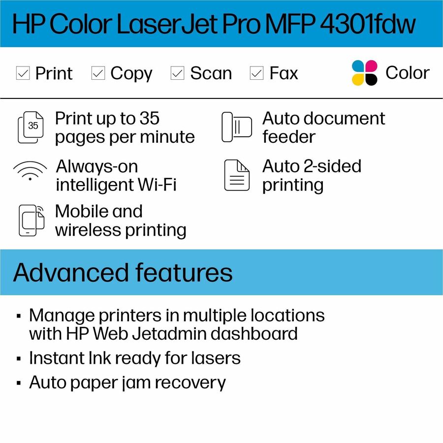 HP LaserJet Pro 4301fdw Wired & Wireless Laser Multifunction Printer - Color