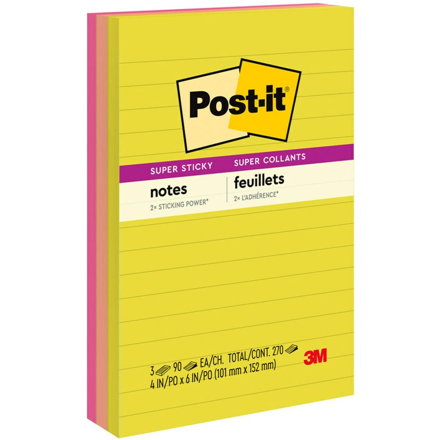 Post-it® Super Sticky Ruled Notes | 4×6 in. | Summer Joy Colors | 90 Sheets/Pad | 3 Pads/Pack