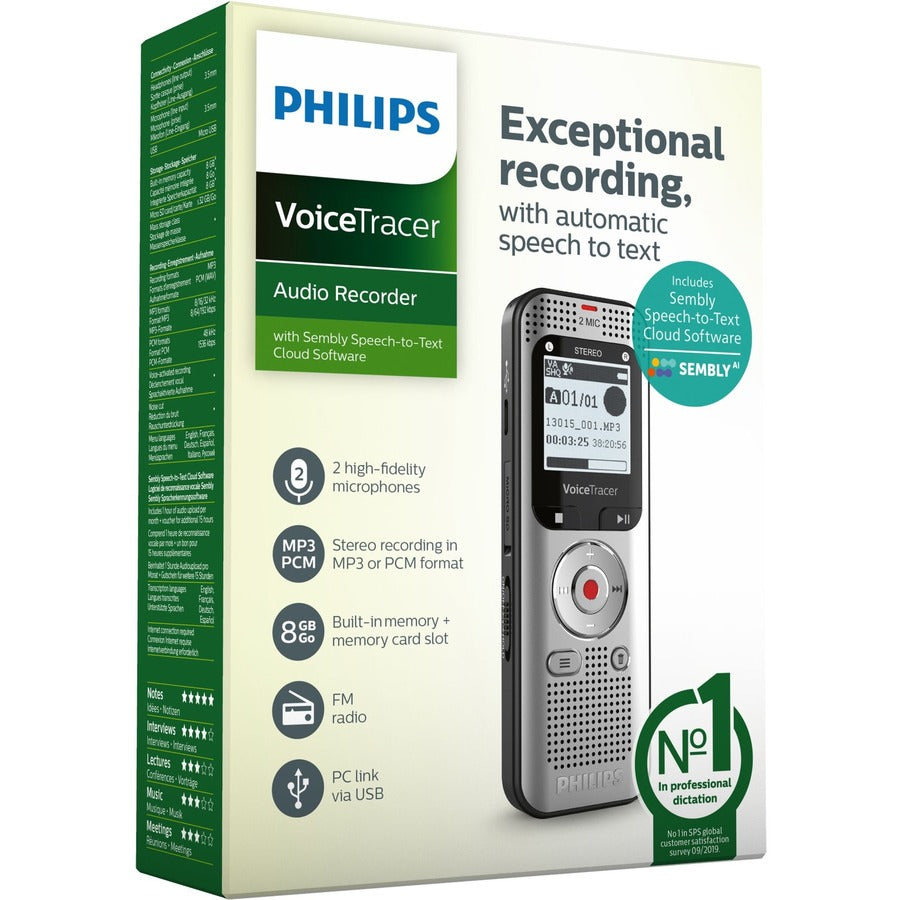 Philips VoiceTracer DVT2015 8GB Voice Recorder with Sembly Cloud Speech-to-Text Software