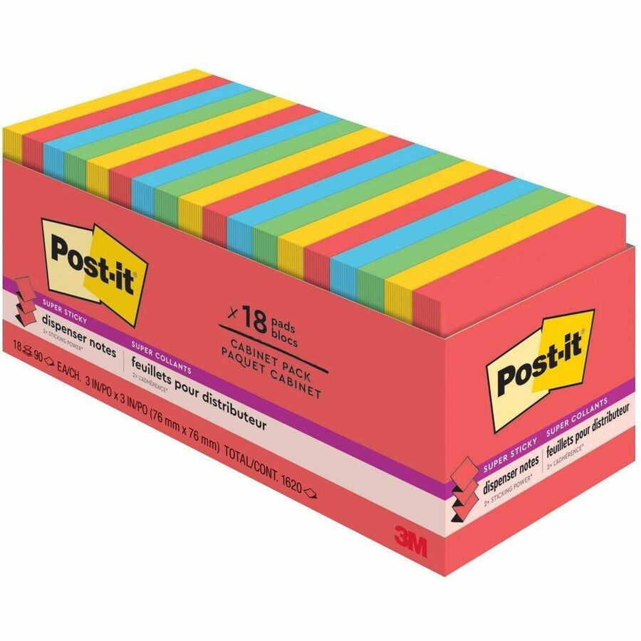 Blocs-notes Post-it® Super Sticky Pop-up pour Distributeur | 76 × 76 mm | Couleurs Vives | 18 Blocs/Paquet