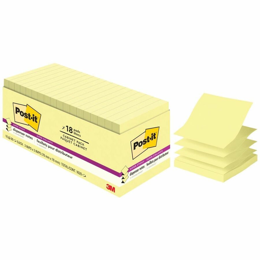 Post-it® Super Sticky Pop-up Dispenser Notes | 3×3 in. | Canary Yellow | 18 Pads/Pack