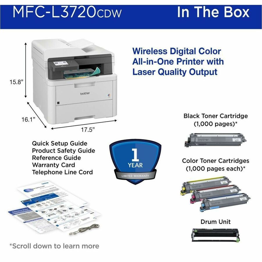Brother MFC-L3720CDW Wireless LED Multifunction Printer - Color