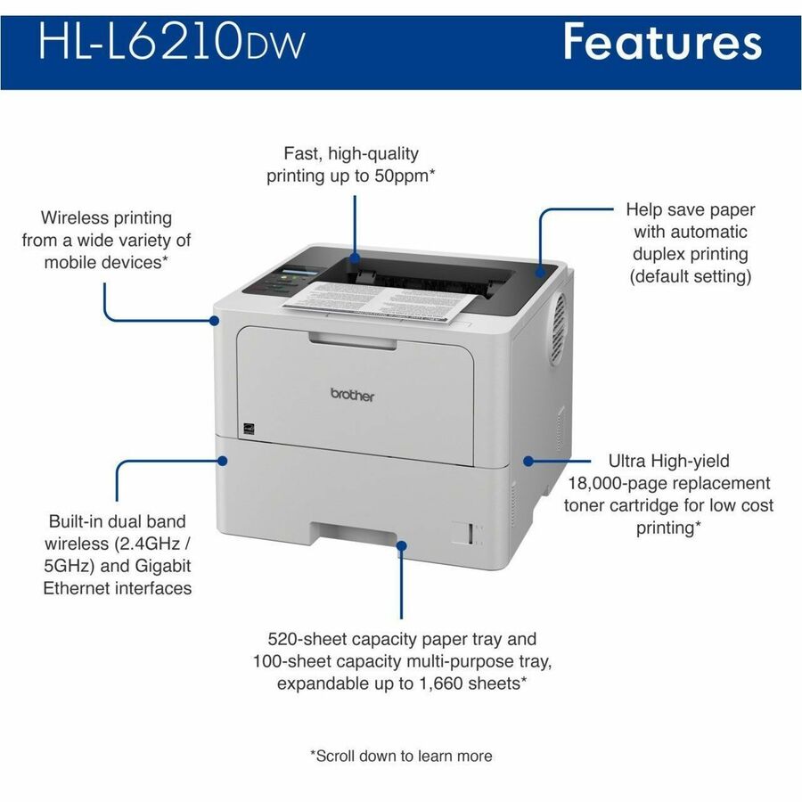 Brother HL-L6210DW Desktop Wireless Laser Printer - Monochrome