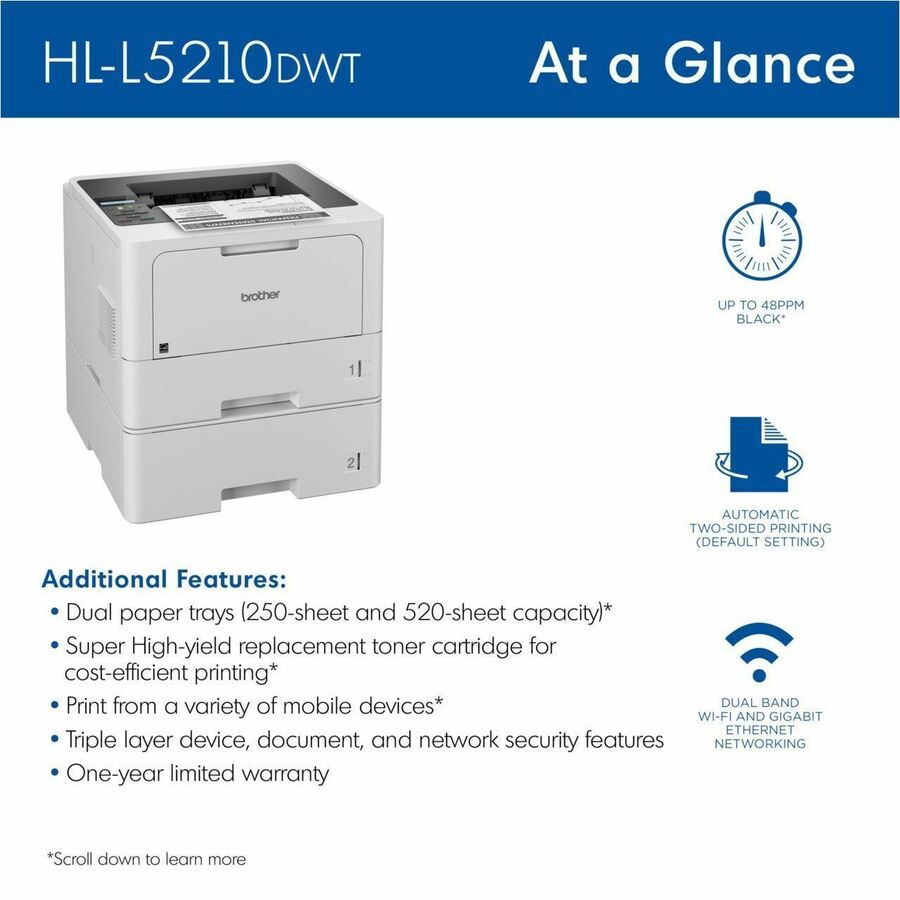 Brother HL-L5210DW Desktop Wireless Laser Printer - Monochrome 1.0mm
