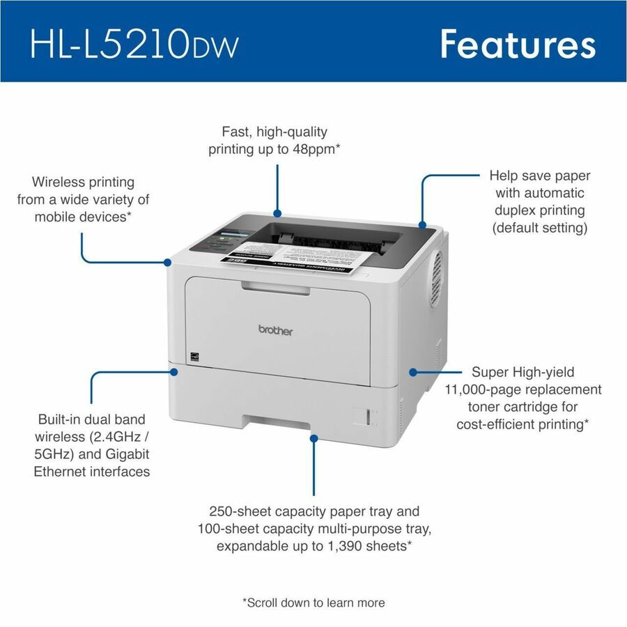 Brother HL-L5210DW Desktop Wireless Laser Printer - Monochrome 1.0mm