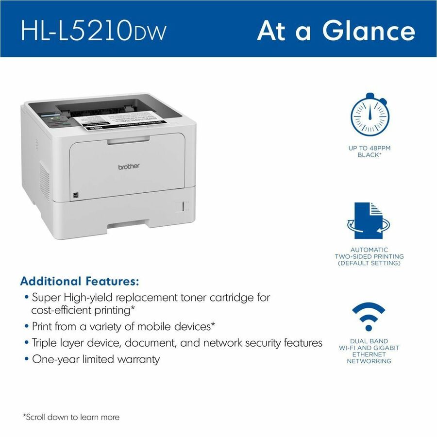 Brother HL-L5210DW Desktop Wireless Laser Printer - Monochrome 1.0mm