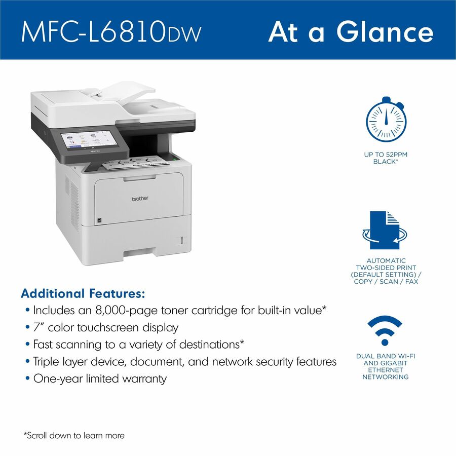 Brother MFC-L6810DW Wireless Laser Multifunction Printer - Monochrome - Gray