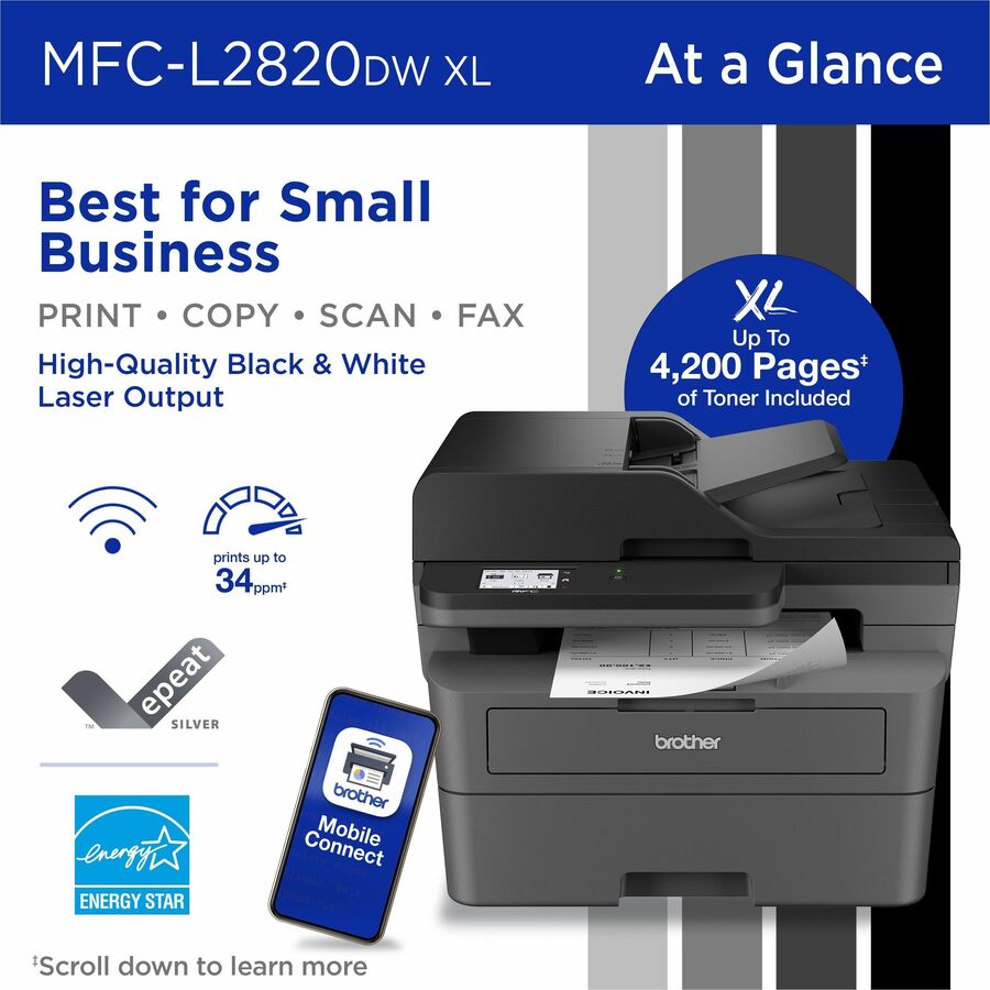 Brother MFC-L2820DWXL Wireless Laser Multifunction Printer - Monochrome - Gray