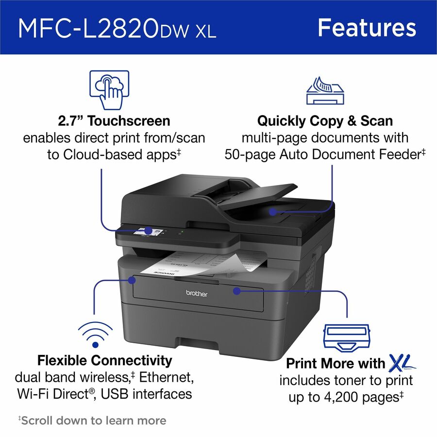 Brother MFC-L2820DWXL Wireless Laser Multifunction Printer - Monochrome - Gray