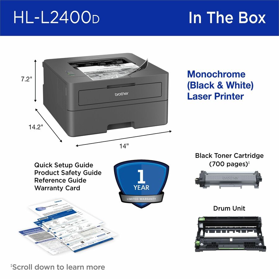 Brother HL-L2400D Desktop Wired Laser Printer - Monochrome