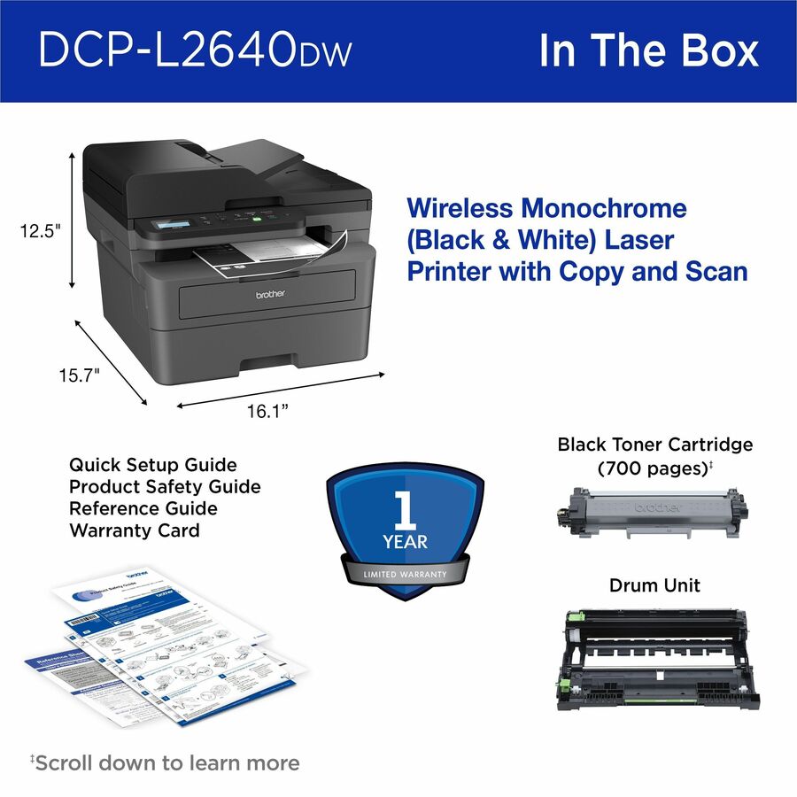 Brother DCP-L2640DW Wireless Laser Multifunction Printer - Monochrome - Gray