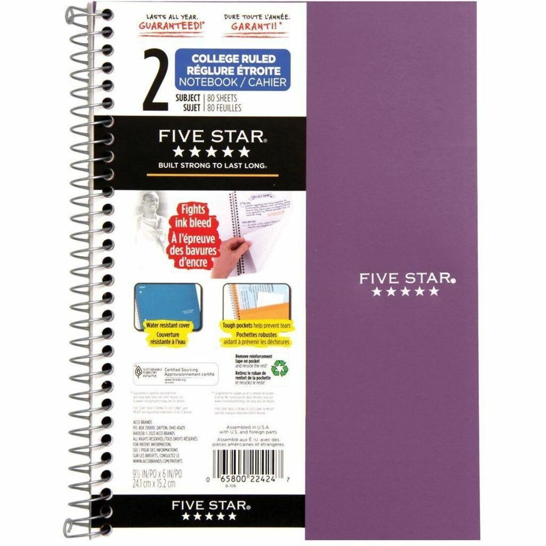 Five Star 2 Subject College Ruled Spiral Notebook, 6 x 9.5 inch, 80 sheets