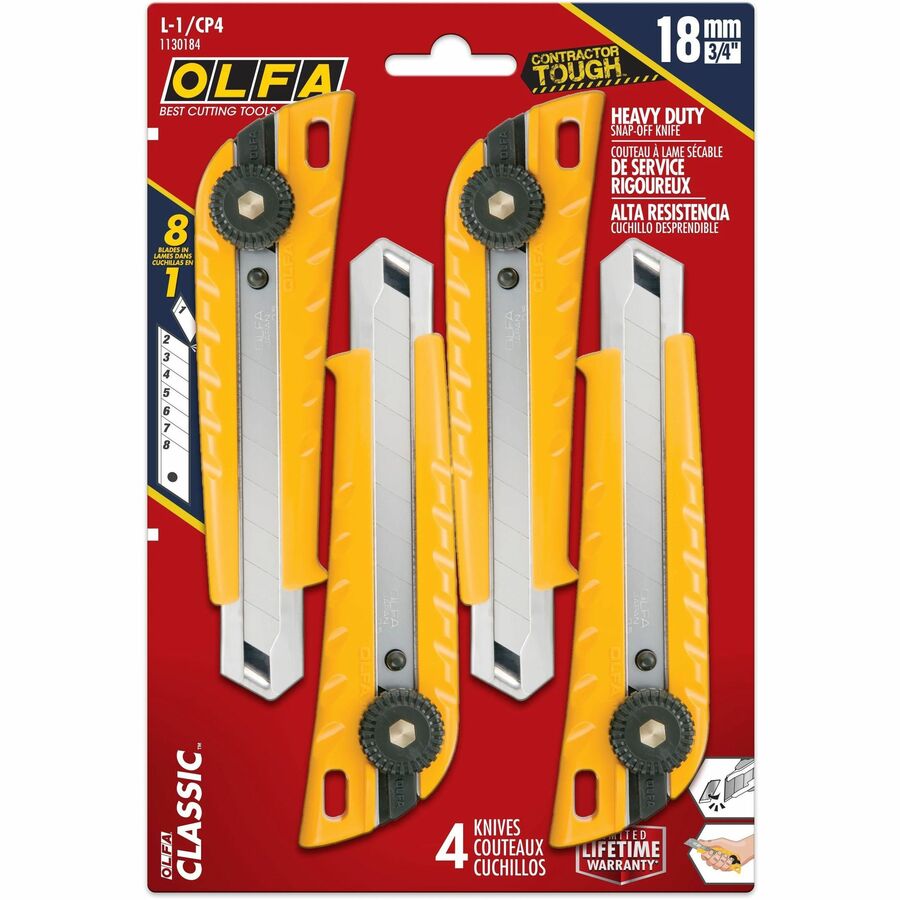 Couteau utilitaire Olfa Classic robuste à verrouillage par cliquet, paquet de 4