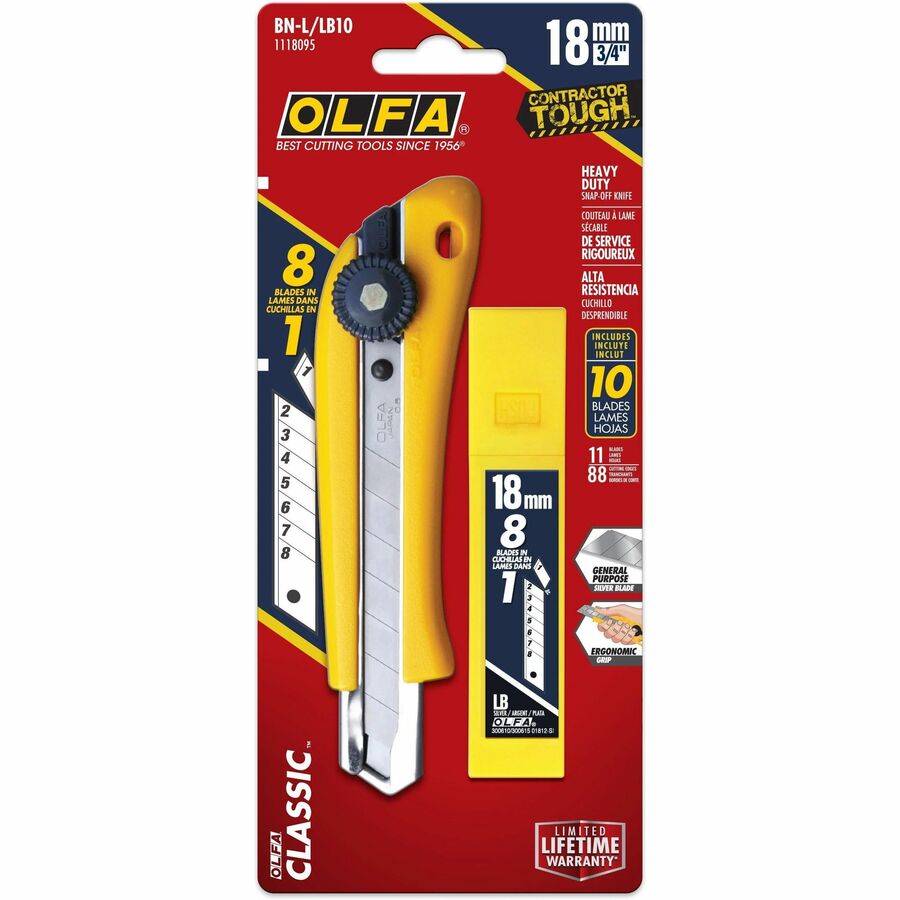 Olfa 18mm BN-L Ratchet Lock Utility Knife With a 10-Pack of Silver Snap Blades