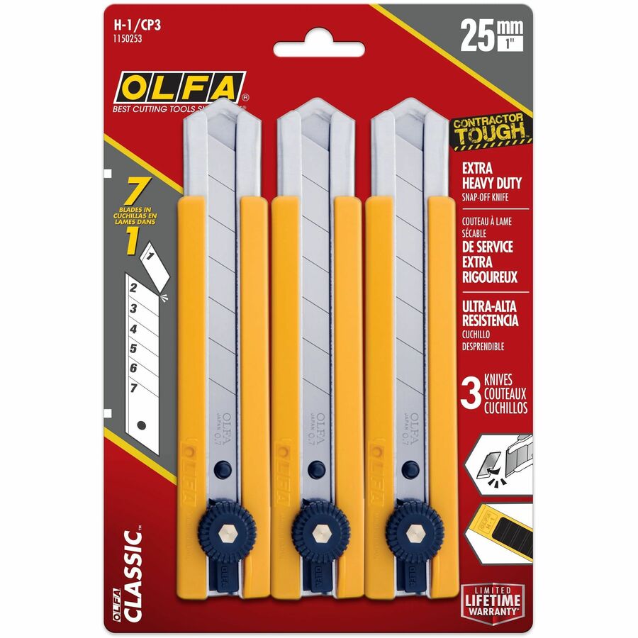 Olfa Classic Extra Heavy-Duty Ratchet-Lock Utility Knife with Anti-Slip Grip, 3-Pack