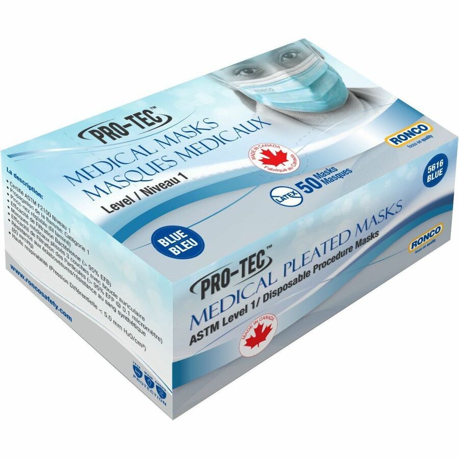 Pro-Tec 3-Ply Pleated Medical Mask — ASTM Level 1, 50/Box