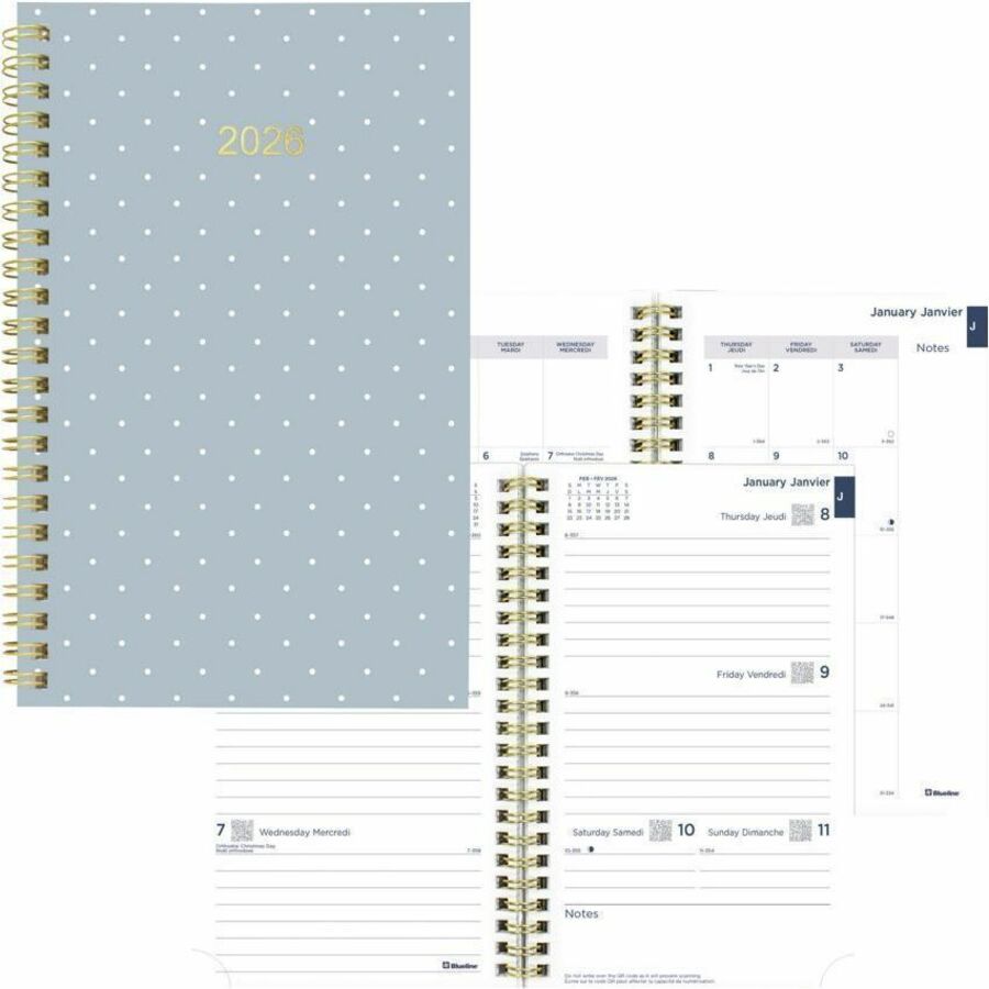Agenda Blueline 2026 hebdomadaire/mensuel de 12 mois - Janvier à décembre - 8" x 5" - Modèles assortis minimalistes - Bilingue
