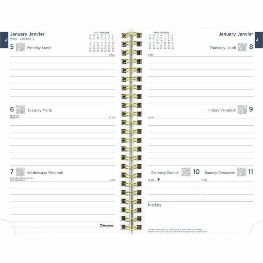 Agenda Blueline 2026 hebdomadaire/mensuel de 12 mois - Janvier à décembre - 8" x 5" - Modèles assortis minimalistes - Bilingue