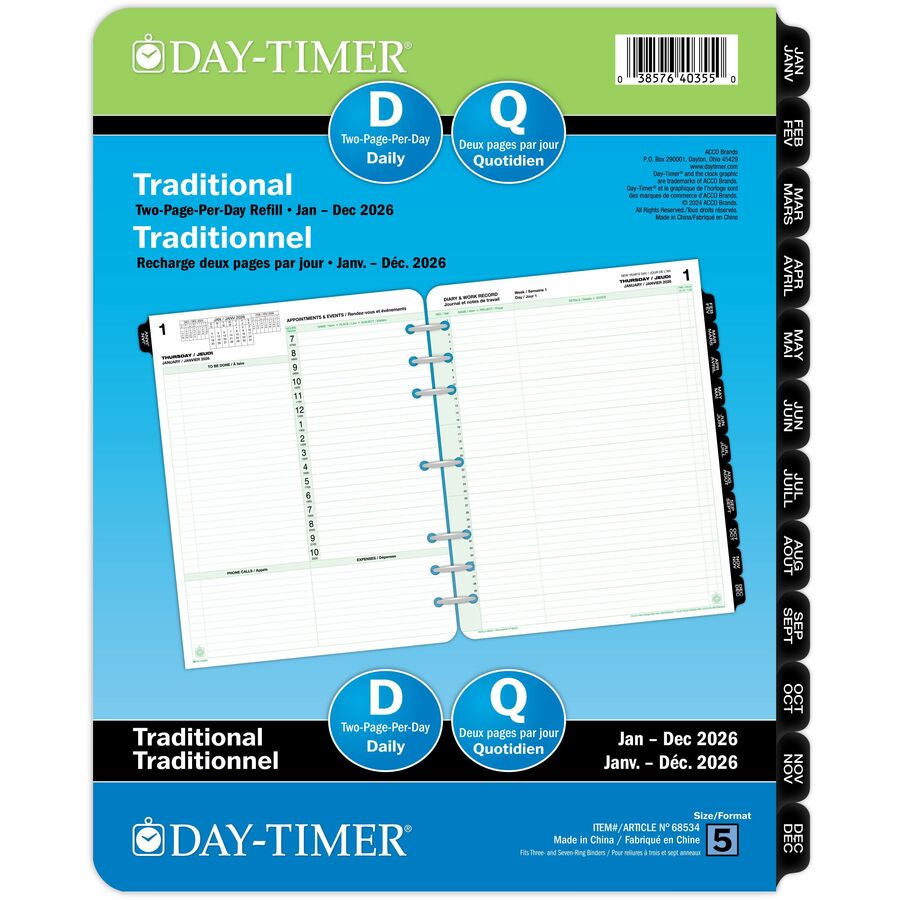 Recharge de planificateur 2 pages par jour DayTimer, format Folio, 11 po x 8-1/2 po, bilingue
