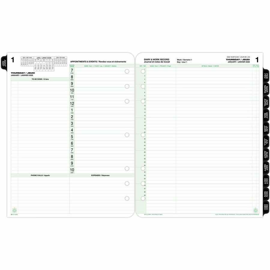 Recharge de planificateur 2 pages par jour DayTimer, format Folio, 11 po x 8-1/2 po, bilingue
