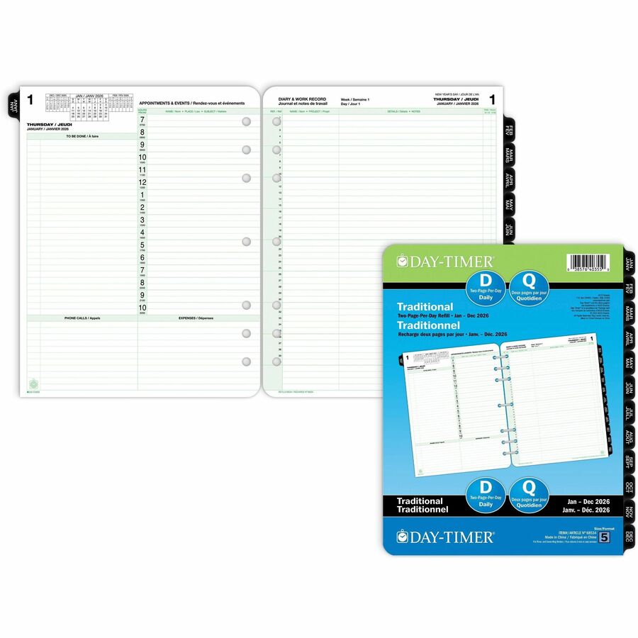 Recharge de planificateur 2 pages par jour DayTimer, format Folio, 11 po x 8-1/2 po, bilingue