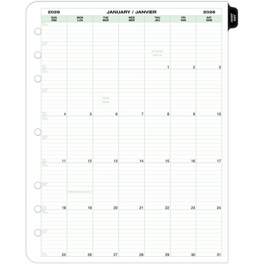 Recharge de planificateur 2 pages par jour DayTimer, format Folio, 11 po x 8-1/2 po, bilingue