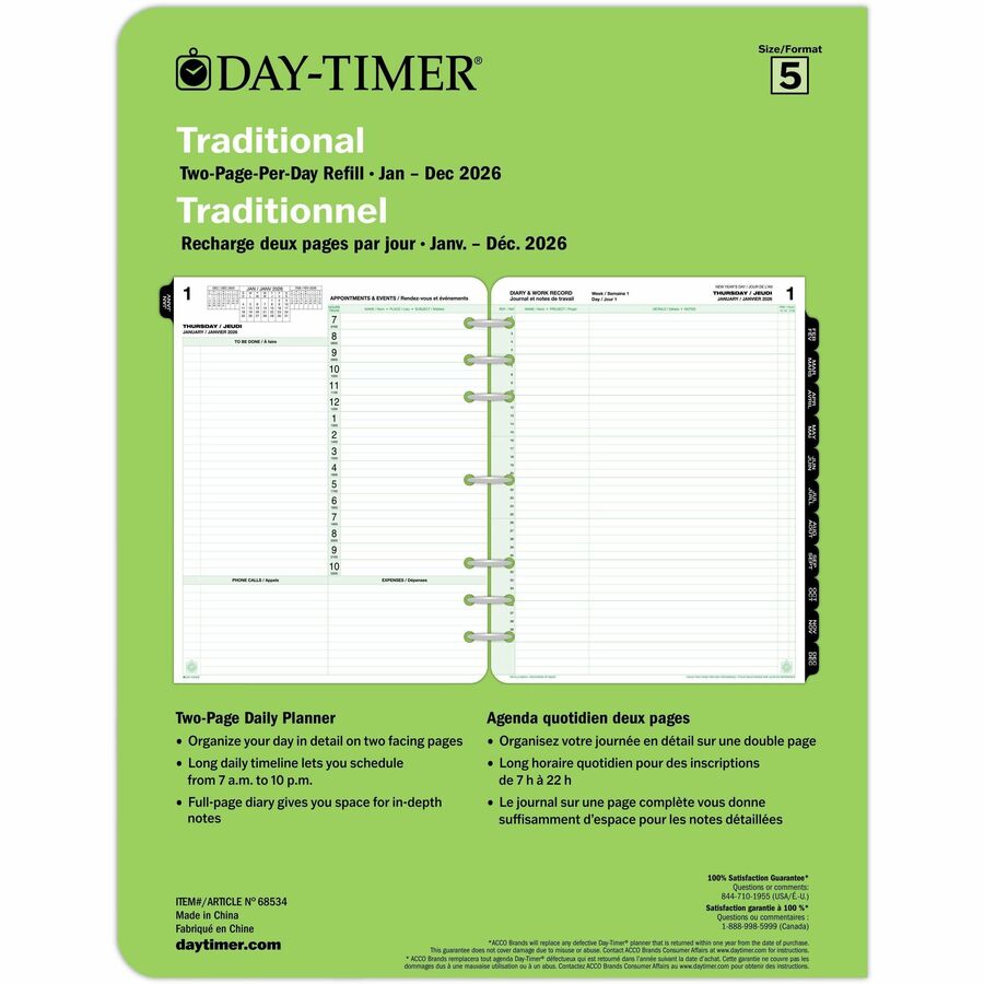 Recharge de planificateur 2 pages par jour DayTimer, format Folio, 11 po x 8-1/2 po, bilingue