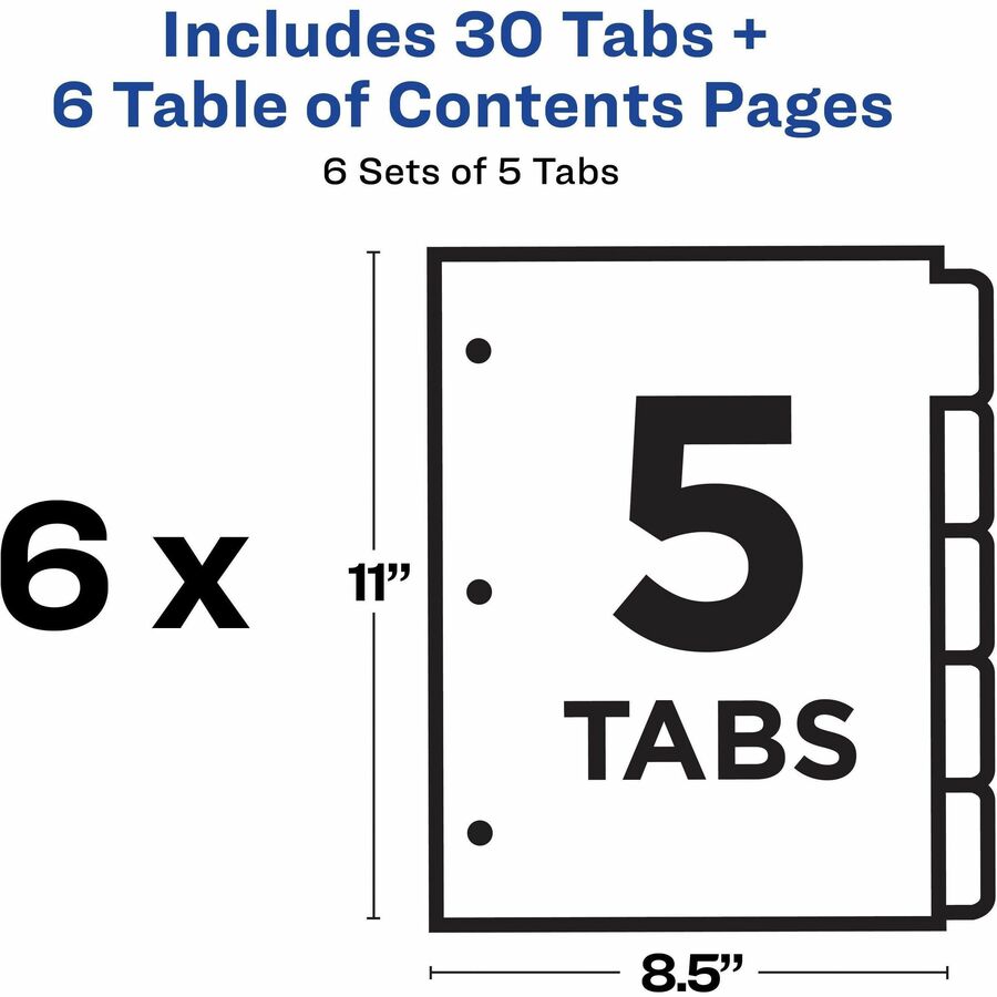 Avery® Ready Index® Table of Content Dividersfor Laser and Inkjet Printers, 5 tabs, 6 sets