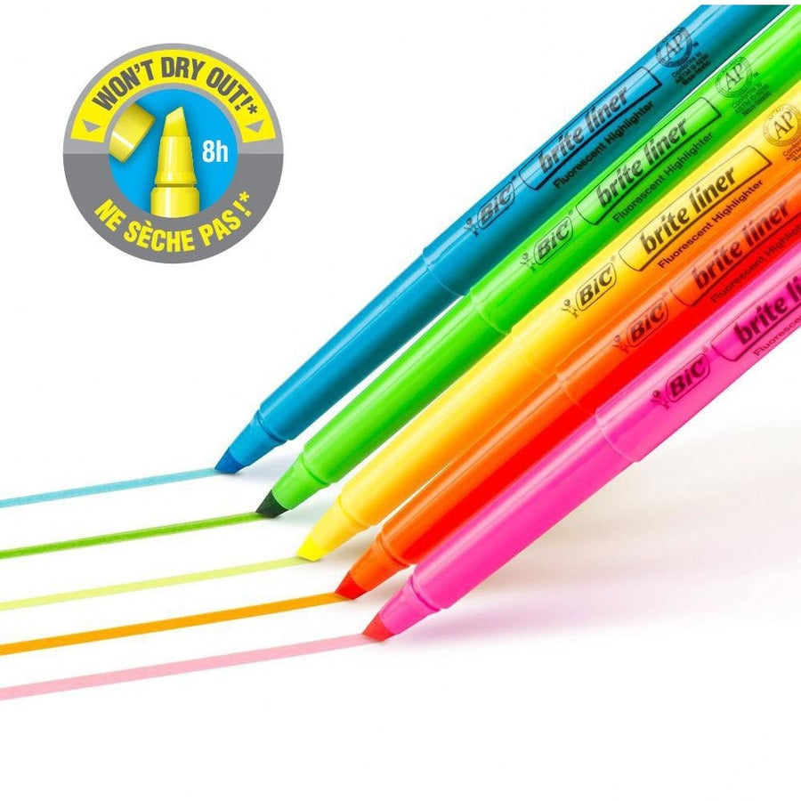 BIC Brite Liner Highlighter, Chisel Tip For Broad Highlighting & Fine Underlining, Assorted Colours, 5-Count - 5 Pack