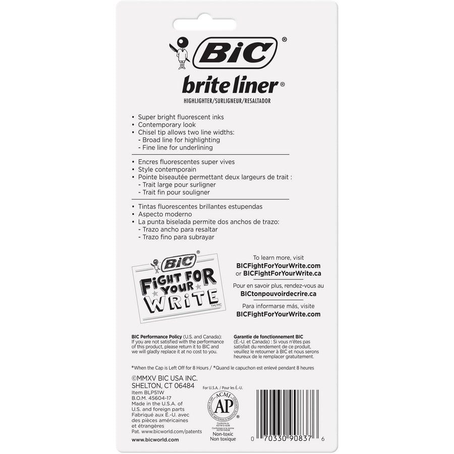 BIC Brite Liner Highlighter, Chisel Tip For Broad Highlighting & Fine Underlining, Assorted Colours, 5-Count - 5 Pack