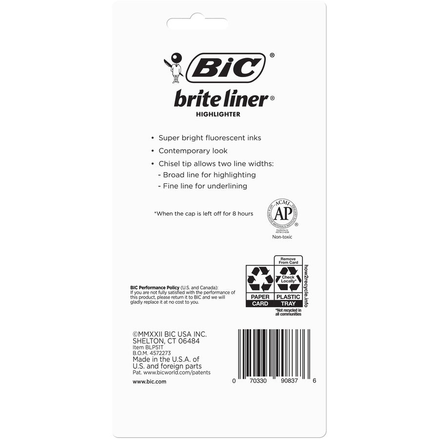 BIC Brite Liner Highlighter, Chisel Tip For Broad Highlighting & Fine Underlining, Assorted Colours, 5-Count - 5 Pack
