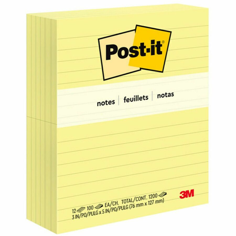 Blocs-notes Post-it® originaux lignés, jaune canari, 76,2 mm x 127 mm, 100 feuilles/bloc, 12 blocs/paquet