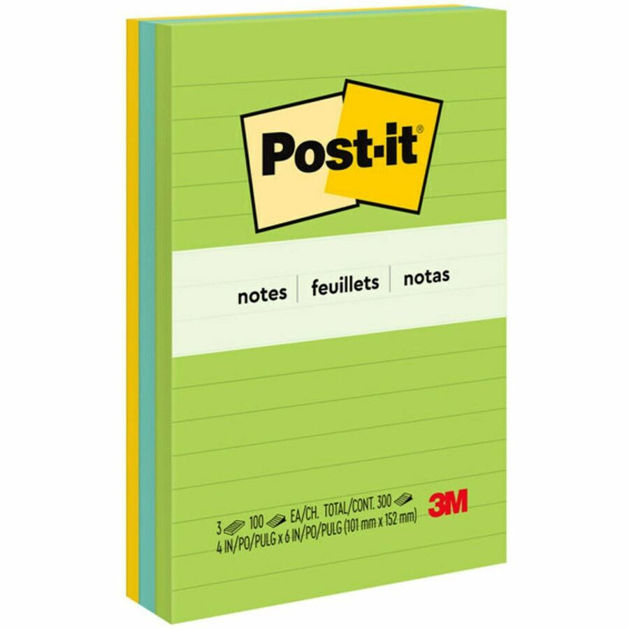 Blocs-notes adhésifs lignés Post-it® | 10,2 × 15,2 cm | Couleurs Jaipur | 100 feuilles/bloc | 3 blocs/paquet