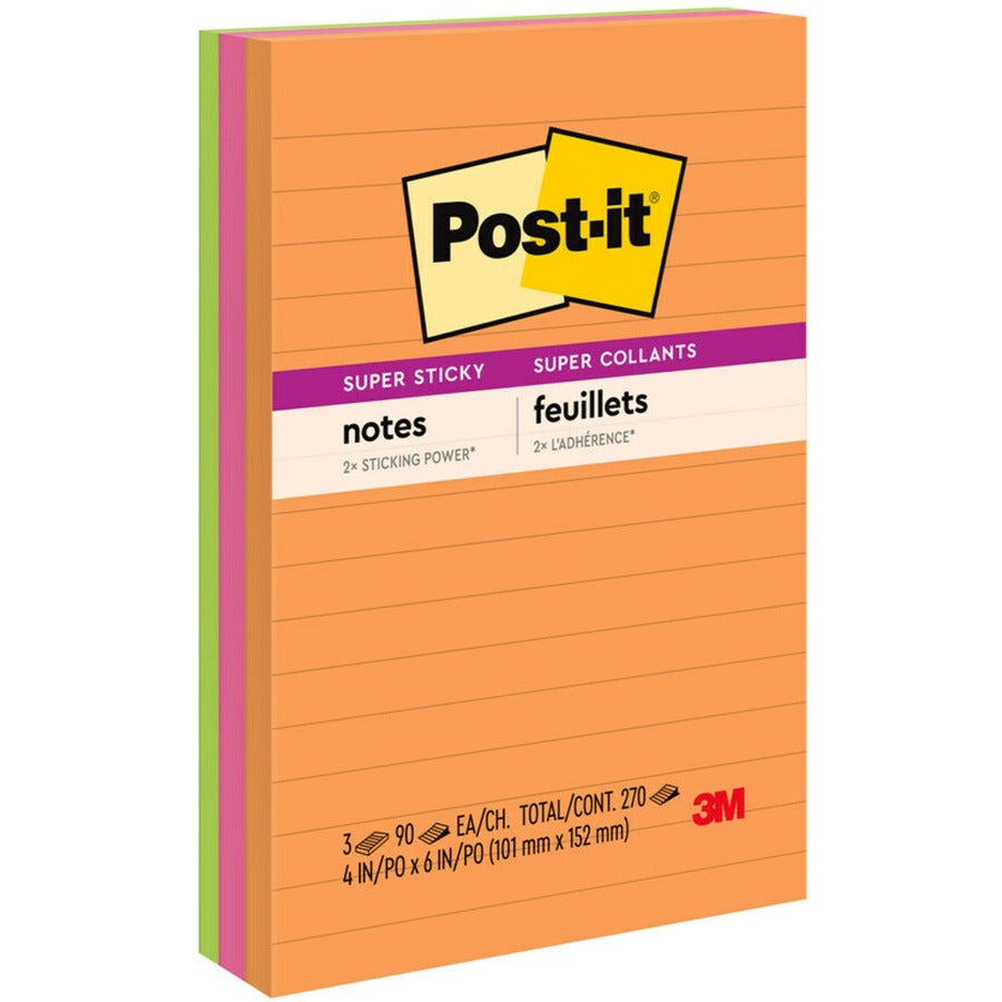 Blocs-notes lignés super adhésifs Post-it® | 101,6 x 152,4 mm | Couleurs Rio de Janeiro | 90 feuilles/bloc | 3 blocs/paquet