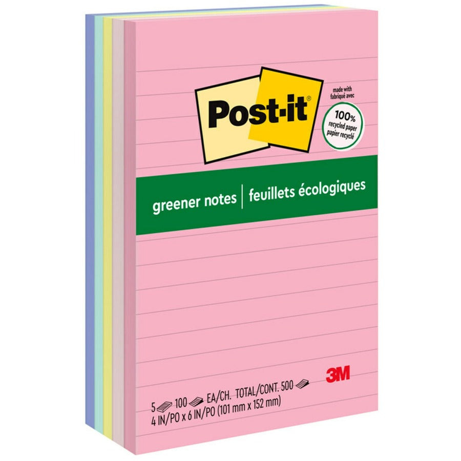 Blocs-notes lignés Post-it® Greener | 10,2 cm x 15,2 cm | Couleurs Helsinki | 100 feuilles/bloc | 5 blocs/paquet