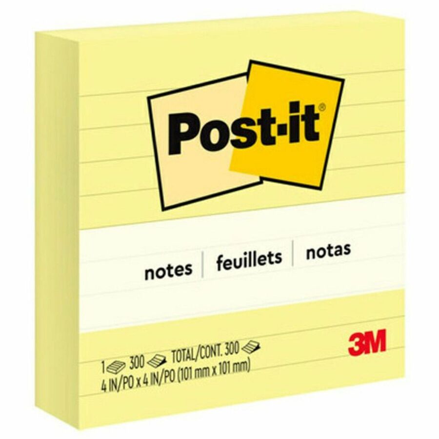 Notes adhésives lignées Post-it® | 10,2 × 10,2 cm | Jaune canari | 300 feuilles/bloc