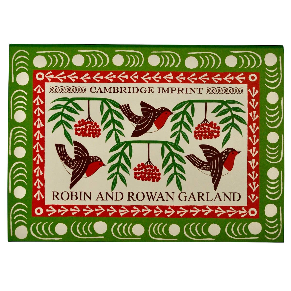 Green and red Cambridge Imprint Robin and Rowan Garland packaging with bird and berry illustrations