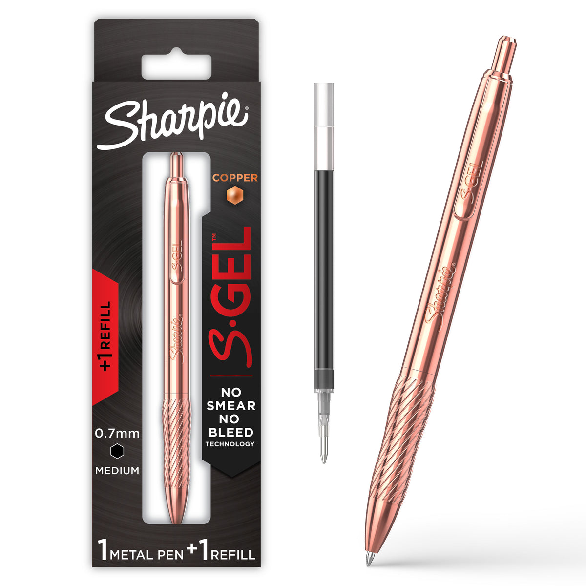 Sharpie S-Gel Copper metal barrel gel pen with bonus ink refill, black ink, 0.7 mm