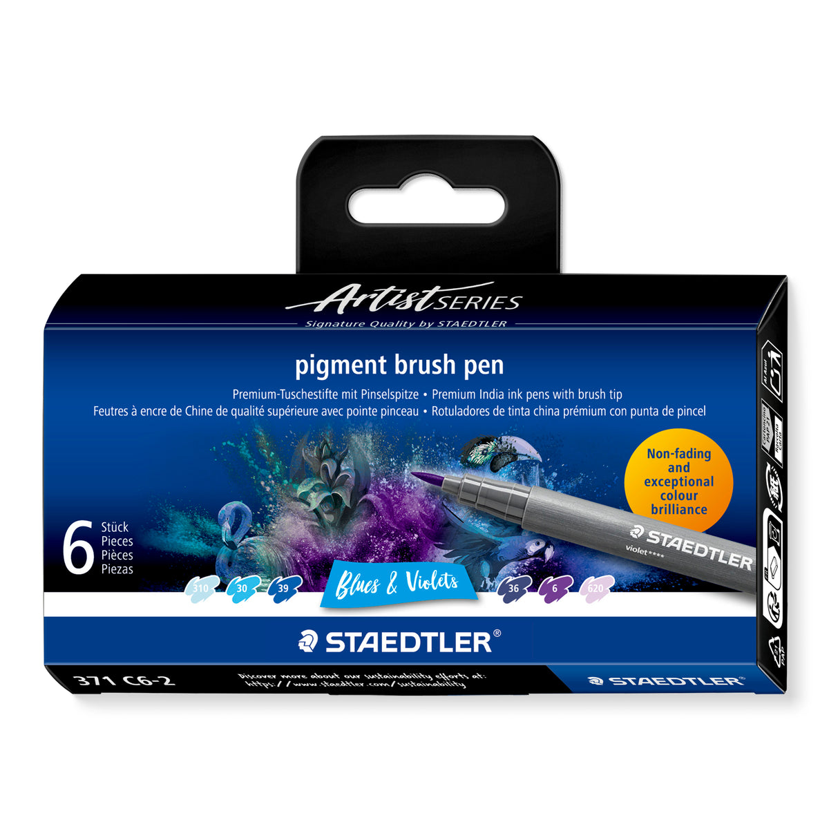 Staedtler Pigment Arts brush pen set — 6 Pens, Blues & Violets (371 C6-2)